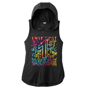 First Grade 1st Grade Tie Dye Word Art Ladies PosiCharge Tri-Blend Wicking Draft Hoodie Tank