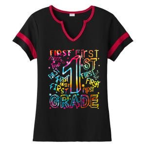 First Grade 1st Grade Tie Dye Word Art Ladies Halftime Notch Neck Tee