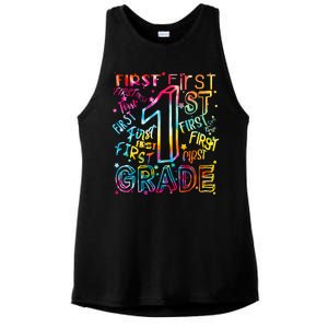 First Grade 1st Grade Tie Dye Word Art Ladies PosiCharge Tri-Blend Wicking Tank