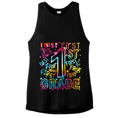 First Grade 1st Grade Tie Dye Word Art Ladies PosiCharge Tri-Blend Wicking Tank