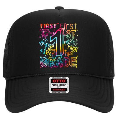 First Grade 1st Grade Tie Dye Word Art High Crown Mesh Back Trucker Hat