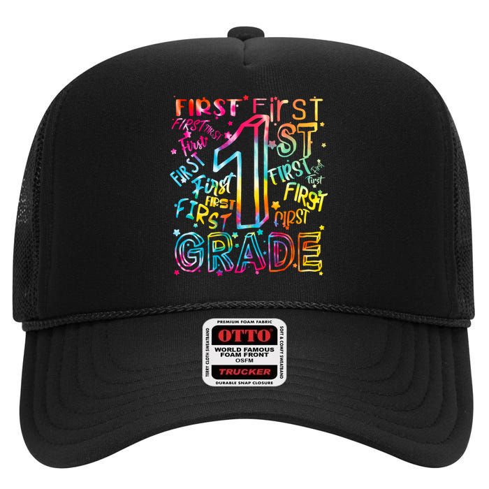 First Grade 1st Grade Tie Dye Word Art High Crown Mesh Back Trucker Hat