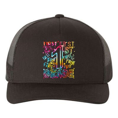 First Grade 1st Grade Tie Dye Word Art Yupoong Adult 5-Panel Trucker Hat