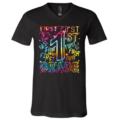 First Grade 1st Grade Tie Dye Word Art V-Neck T-Shirt