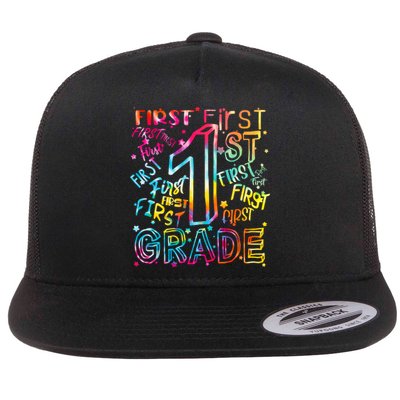 First Grade 1st Grade Tie Dye Word Art Flat Bill Trucker Hat