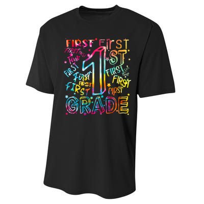 First Grade 1st Grade Tie Dye Word Art Performance Sprint T-Shirt