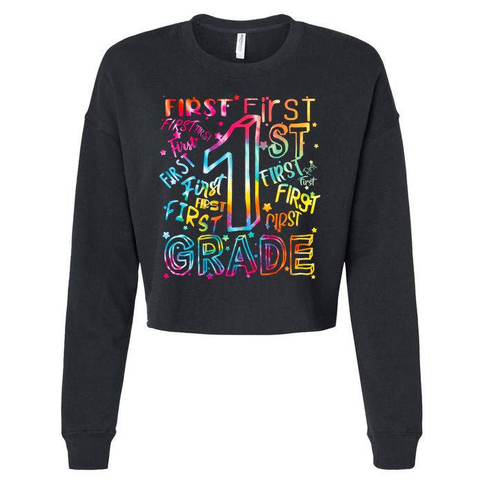 First Grade 1st Grade Tie Dye Word Art Cropped Pullover Crew