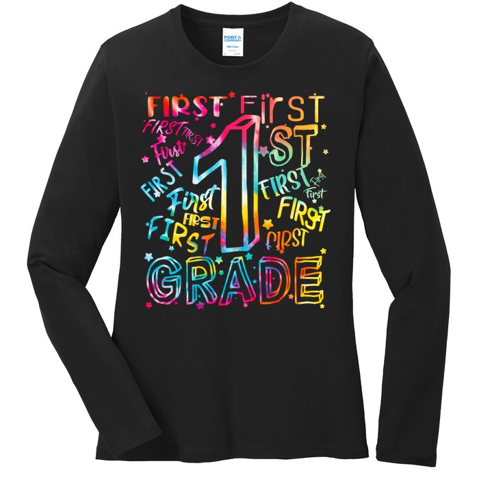 First Grade 1st Grade Tie Dye Word Art Ladies Long Sleeve Shirt