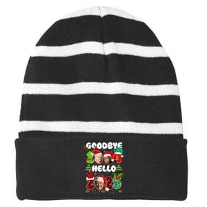 Funny Goodbye 2024 Hello 2025 Trump Christmas New YearS Eve Striped Beanie with Solid Band