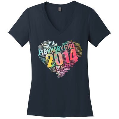 FEBRUARY GIRL 2014 Awesome Fabulous Big Heart 9th Birthday Women's V-Neck T-Shirt