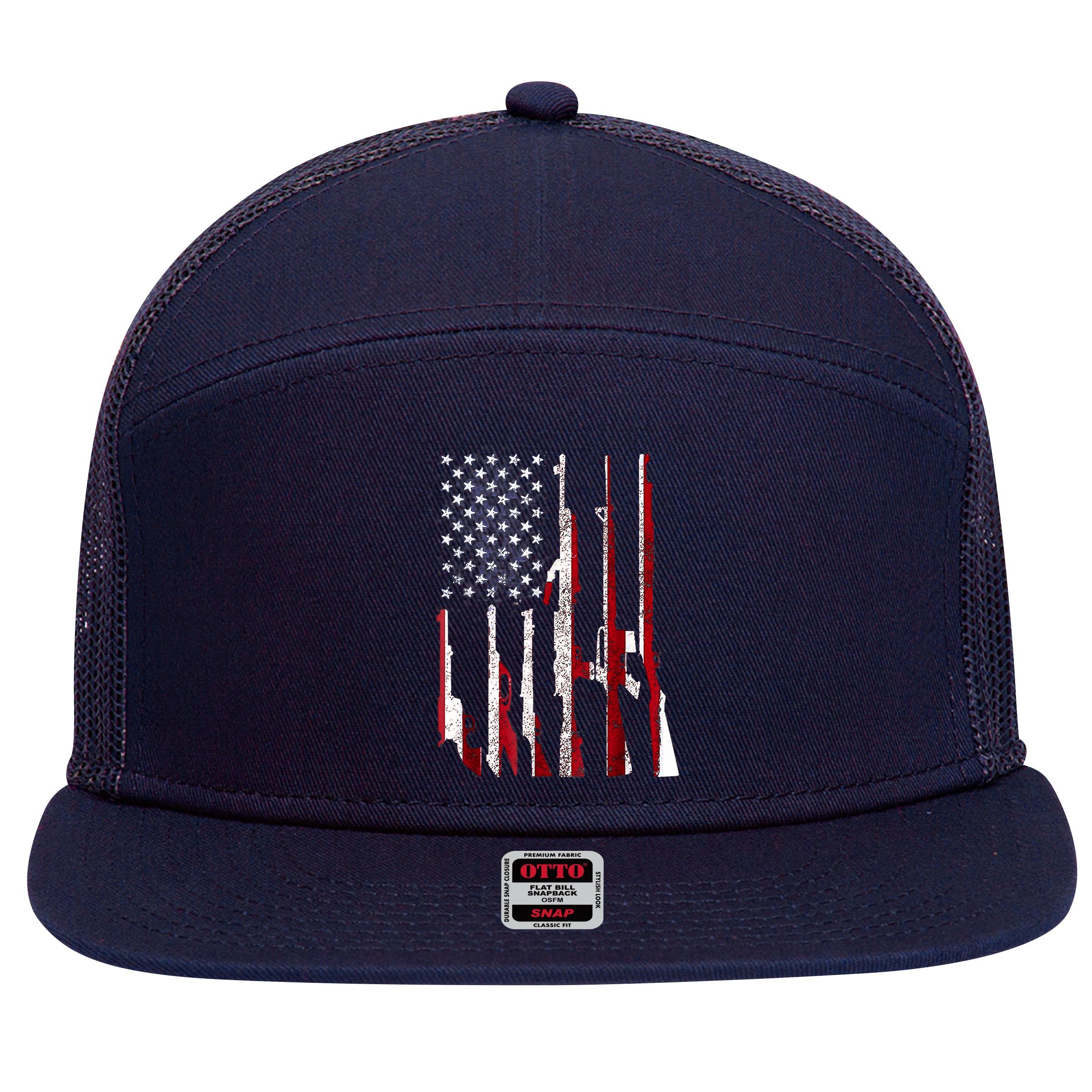 Funny Gun 4th Of July American USA Pride Flag 7 Panel Mesh Trucker Snapback Hat