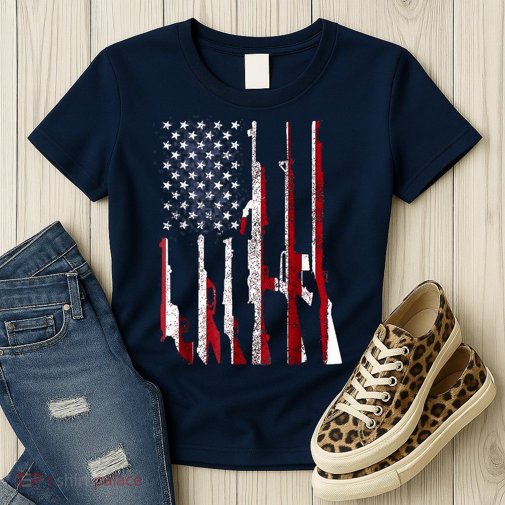 Funny Gun 4th Of July American USA Pride Flag Womens T-Shirt