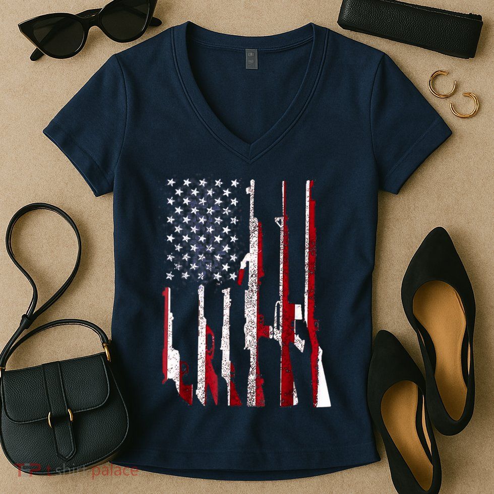 Funny Gun 4th Of July American USA Pride Flag Women's V-Neck T-Shirt