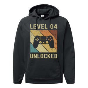 Funny Gamer 4th Birthday For & Level 4 Unlocked Performance Fleece Hoodie