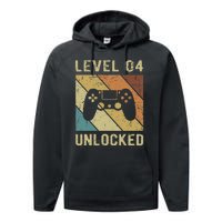 Funny Gamer 4th Birthday For & Level 4 Unlocked Performance Fleece Hoodie