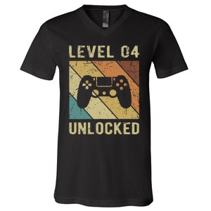 Funny Gamer 4th Birthday For & Level 4 Unlocked V-Neck T-Shirt