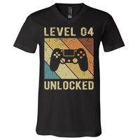 Funny Gamer 4th Birthday For & Level 4 Unlocked V-Neck T-Shirt