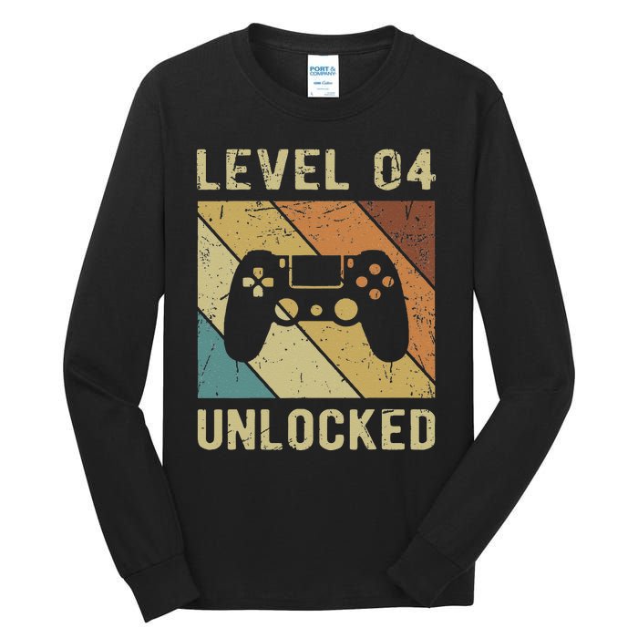 Funny Gamer 4th Birthday For & Level 4 Unlocked Tall Long Sleeve T-Shirt