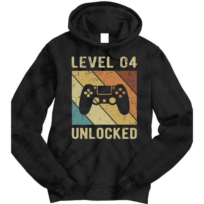 Funny Gamer 4th Birthday For & Level 4 Unlocked Tie Dye Hoodie