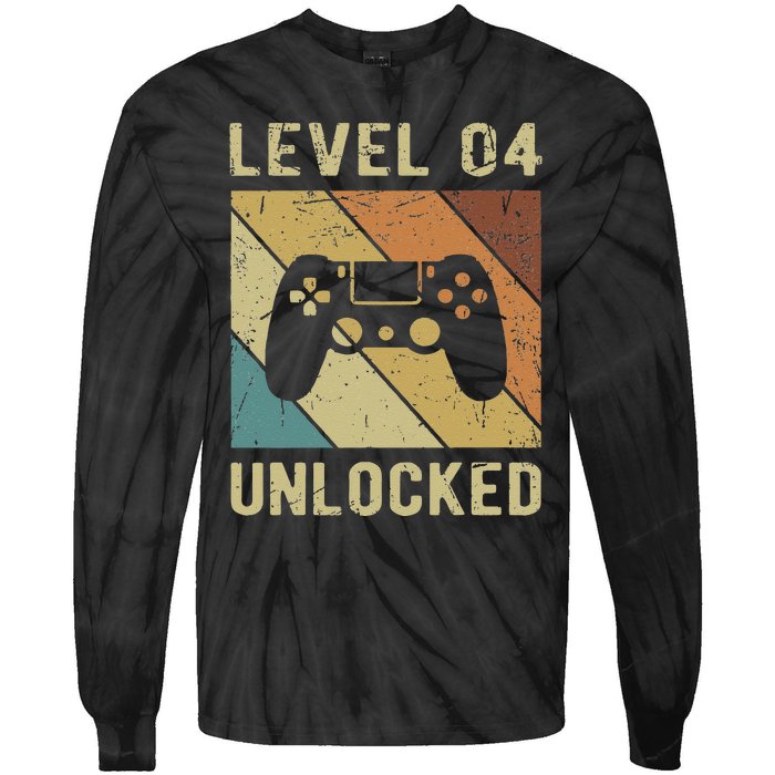 Funny Gamer 4th Birthday For & Level 4 Unlocked Tie-Dye Long Sleeve Shirt