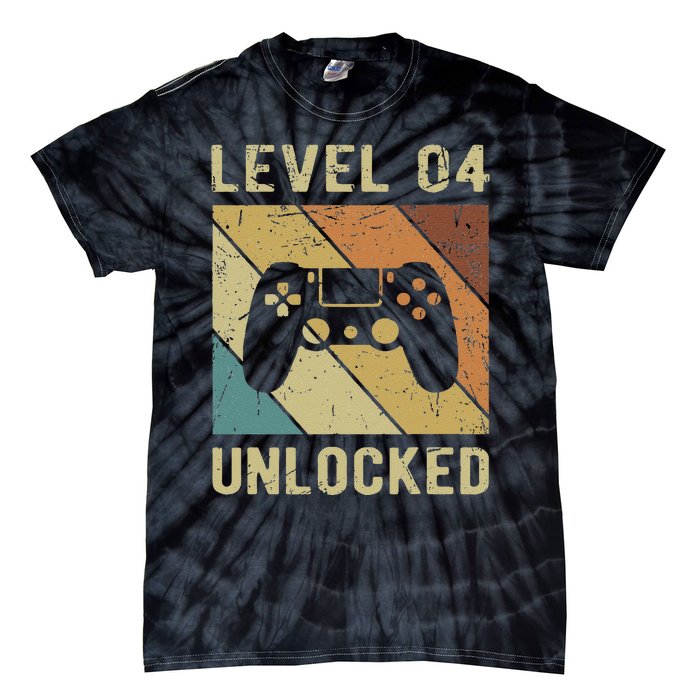 Funny Gamer 4th Birthday For & Level 4 Unlocked Tie-Dye T-Shirt