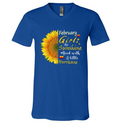 February Girls Are Sunshine Mixed Little Hurricane Sunflower Gift V-Neck T-Shirt