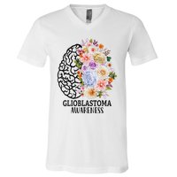 Floral Glioblastoma Awareness Month Brain Cancer V-Neck T-Shirt