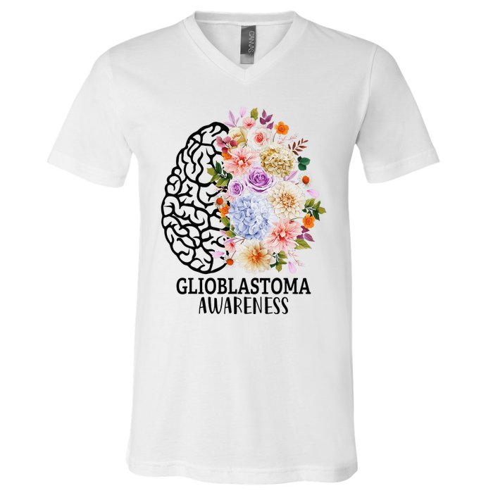 Floral Glioblastoma Awareness Month Brain Cancer V-Neck T-Shirt