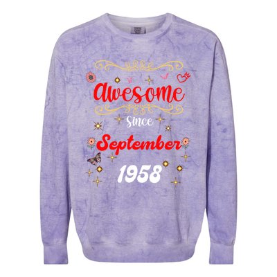 Funny Gift Awesome Since September 1958 Birthday Flowers & Butterflies Colorblast Crewneck Sweatshirt