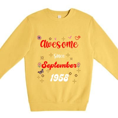 Funny Gift Awesome Since September 1958 Birthday Flowers & Butterflies Premium Crewneck Sweatshirt