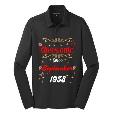 Funny Gift Awesome Since September 1958 Birthday Flowers & Butterflies Silk Touch Performance Long Sleeve Polo