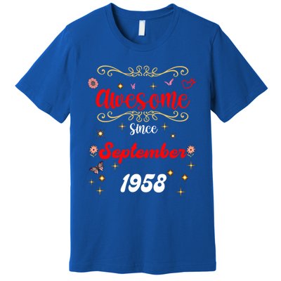 Funny Gift Awesome Since September 1958 Birthday Flowers & Butterflies Premium T-Shirt