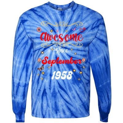 Funny Gift Awesome Since September 1958 Birthday Flowers & Butterflies Tie-Dye Long Sleeve Shirt