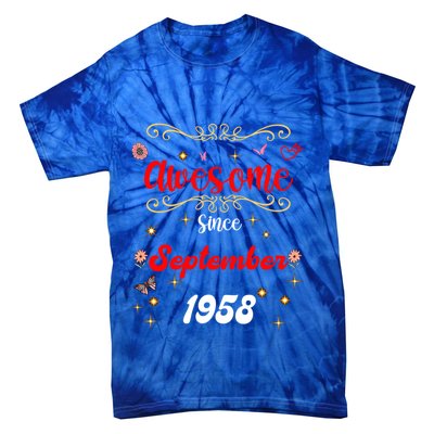 Funny Gift Awesome Since September 1958 Birthday Flowers & Butterflies Tie-Dye T-Shirt