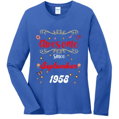 Funny Gift Awesome Since September 1958 Birthday Flowers & Butterflies Ladies Long Sleeve Shirt