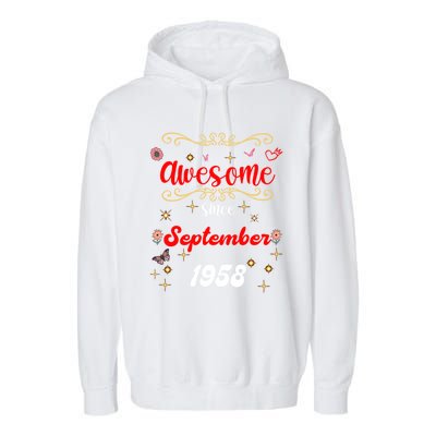 Funny Gift Awesome Since September 1958 Birthday Flowers & Butterflies Garment-Dyed Fleece Hoodie