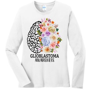 Floral Glioblastoma Awareness Month Brain Cancer Ladies Long Sleeve Shirt