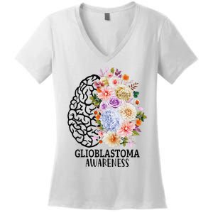 Floral Glioblastoma Awareness Month Brain Cancer Women's V-Neck T-Shirt