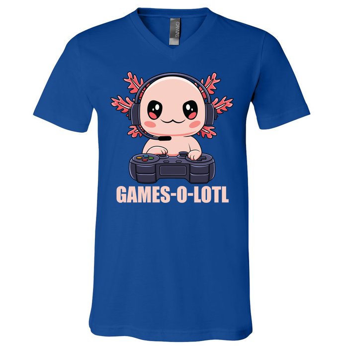 Funny Gamesolotl Axolotl Video Gamer Kawaii Anime Gift V-Neck T-Shirt