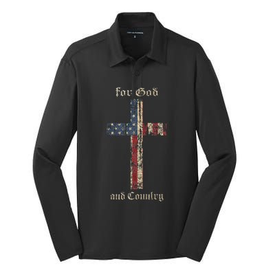 For God And Country Cross American Flag Faith Us Patriotic Silk Touch Performance Long Sleeve Polo