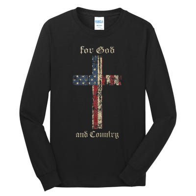 For God And Country Cross American Flag Faith Us Patriotic Tall Long Sleeve T-Shirt