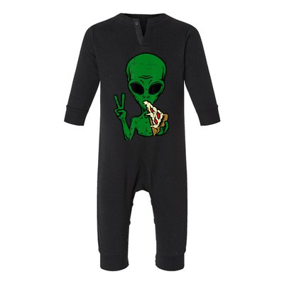 Funny Green Alien Eat Pizza Say Hi Aliens Picture Infant Fleece One Piece