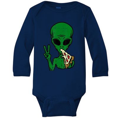 Funny Green Alien Eat Pizza Say Hi Aliens Picture Baby Long Sleeve Bodysuit