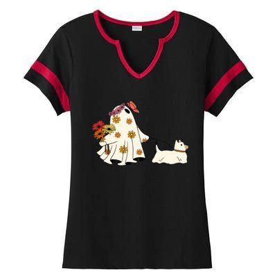 Funny Ghost And Dog Halloween Ladies Halftime Notch Neck Tee