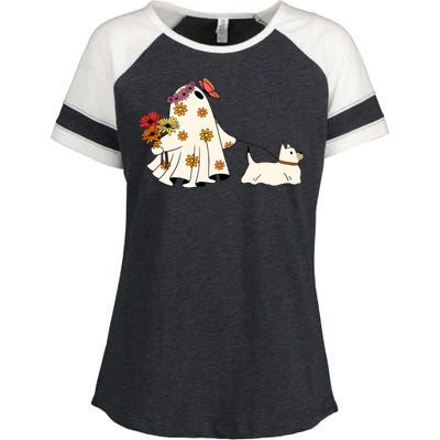 Funny Ghost And Dog Halloween Enza Ladies Jersey Colorblock Tee