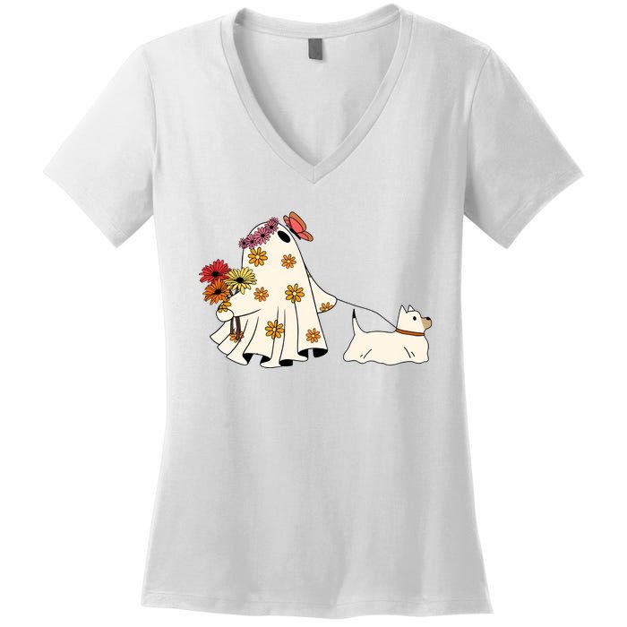 Funny Ghost And Dog Halloween Women's V-Neck T-Shirt