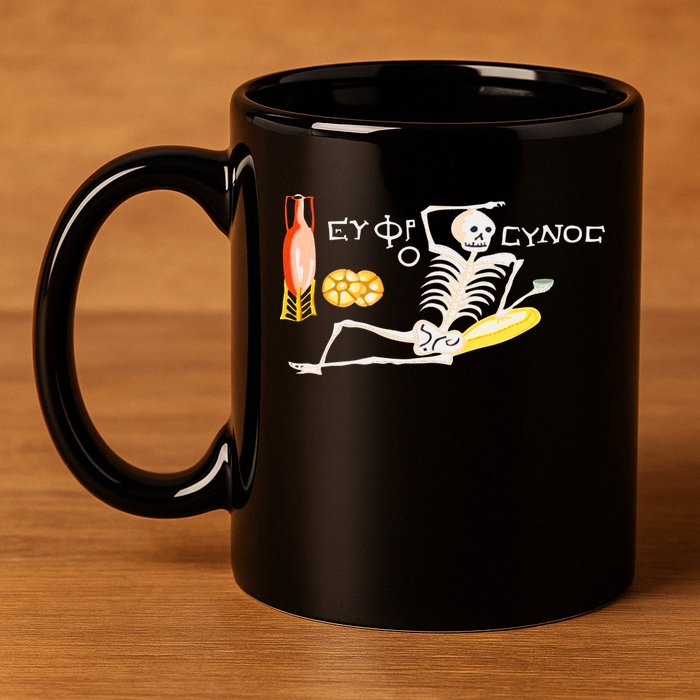 Funny Greek Be Cheerful Enjoy Your Life Skeleton 11oz C Handle Ceramic Mug