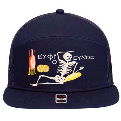 Funny Greek Be Cheerful Enjoy Your Life Skeleton 7 Panel Mesh Trucker Snapback Hat