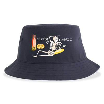 Funny Greek Be Cheerful Enjoy Your Life Skeleton Sustainable Bucket Hat