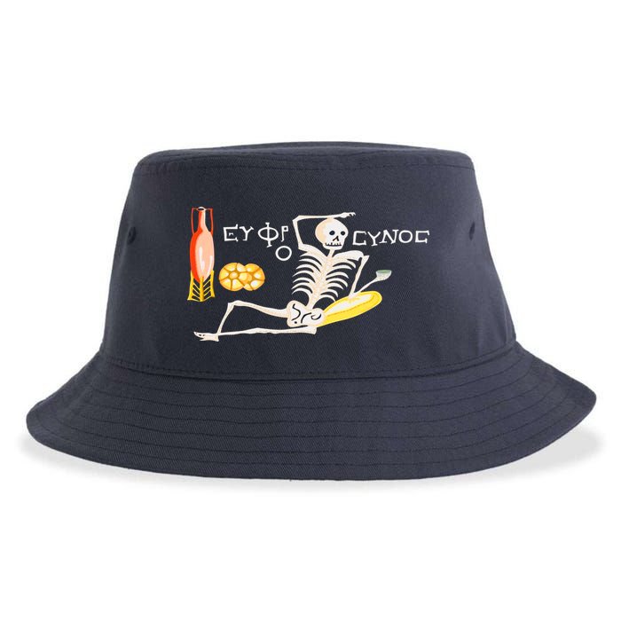 Funny Greek Be Cheerful Enjoy Your Life Skeleton Sustainable Bucket Hat